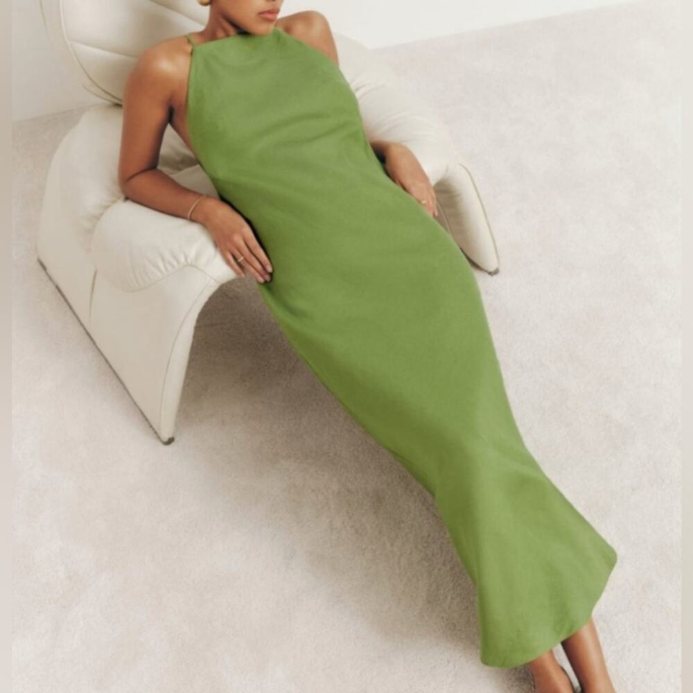 New Reformation Selia Linen Dress in Avocado Green, size XL